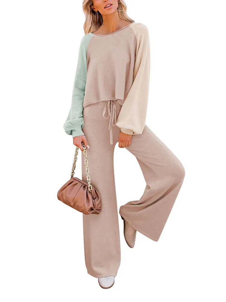 Women's 2 Piece Outfit Sweater Set Long Sleeve Crop Knit Top and Wide Leg Long Pants Sweatsuit