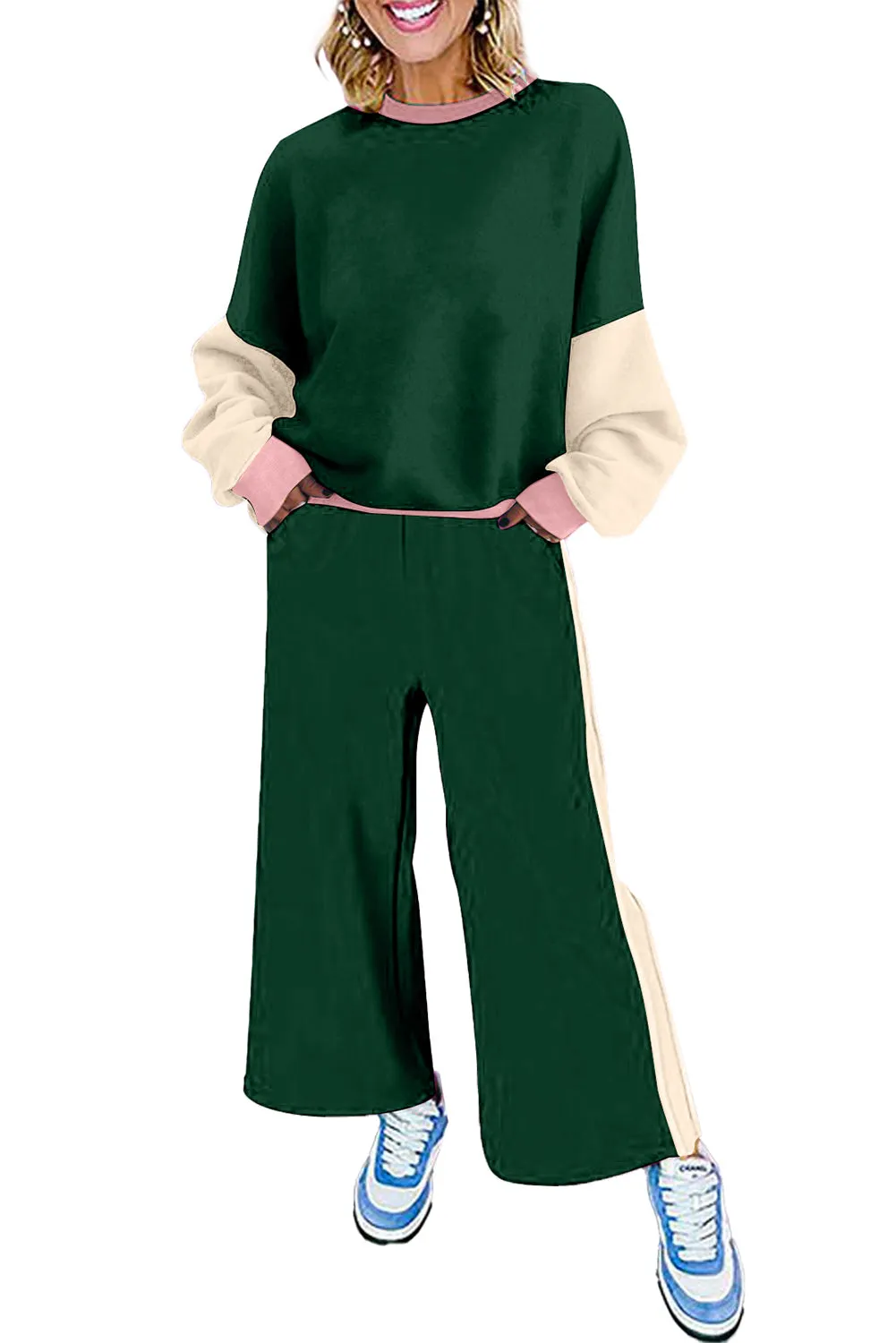 Women's 2 Piece Outfits Sweatsuit Casual Long Sleeve Pullover Tops Matching Wide Leg Pants Tracksuit Sweat