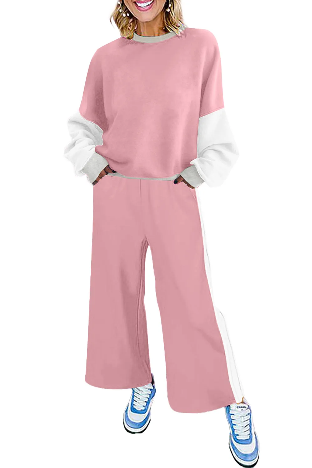 Women's 2 Piece Outfits Sweatsuit Casual Long Sleeve Pullover Tops Matching Wide Leg Pants Tracksuit Sweat