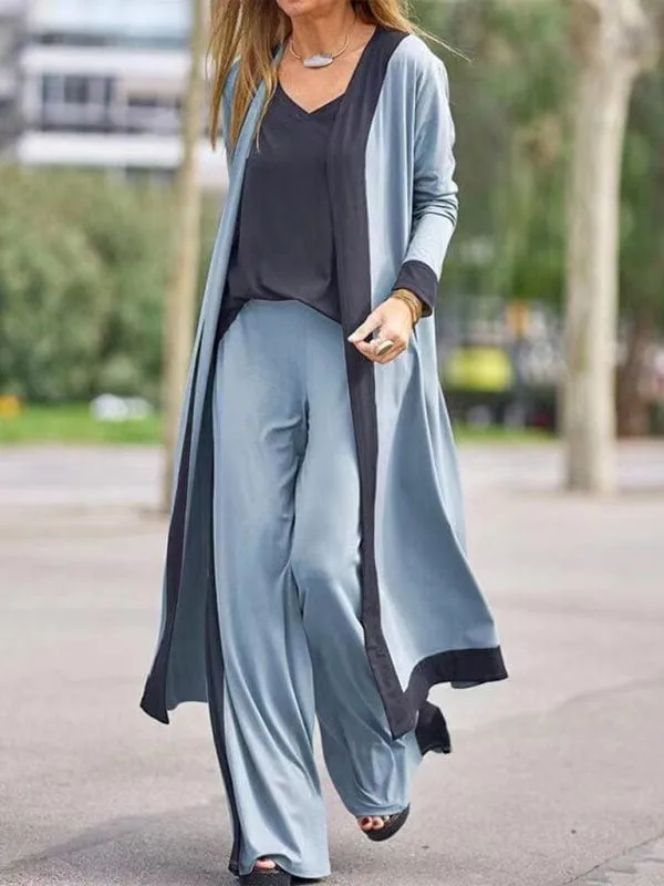 Women's Casual Contrasting Color Camisole with Long Sleeve Cardigan Jacket and Trousers Set