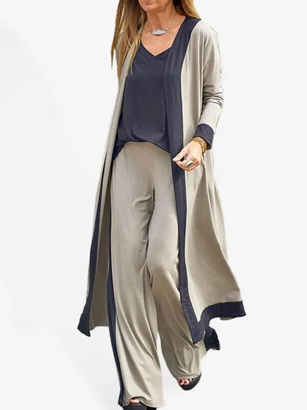 Women's Casual Contrasting Color Camisole with Long Sleeve Cardigan Jacket and Trousers Set