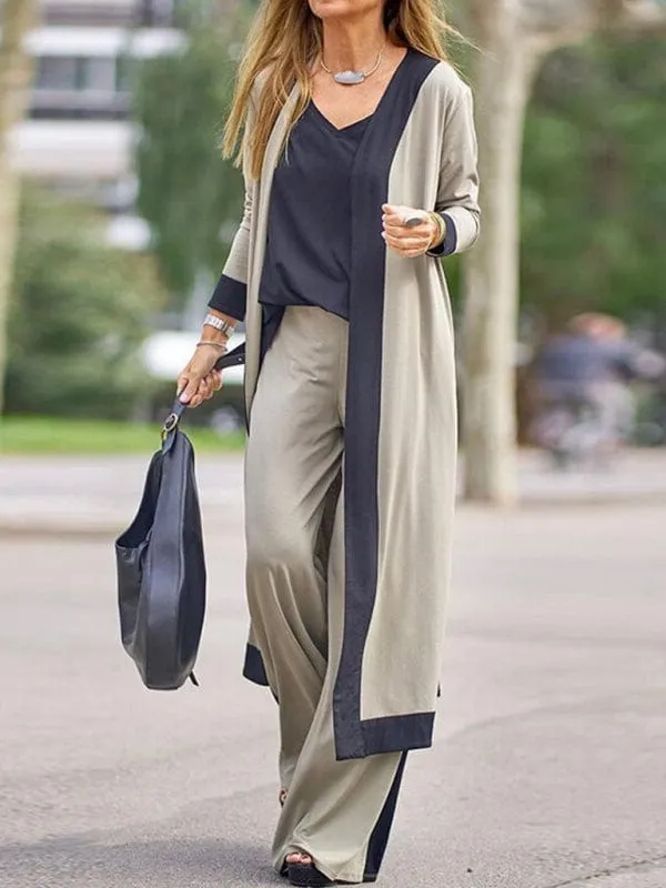 Women's Casual Contrasting Color Camisole with Long Sleeve Cardigan Jacket and Trousers Set