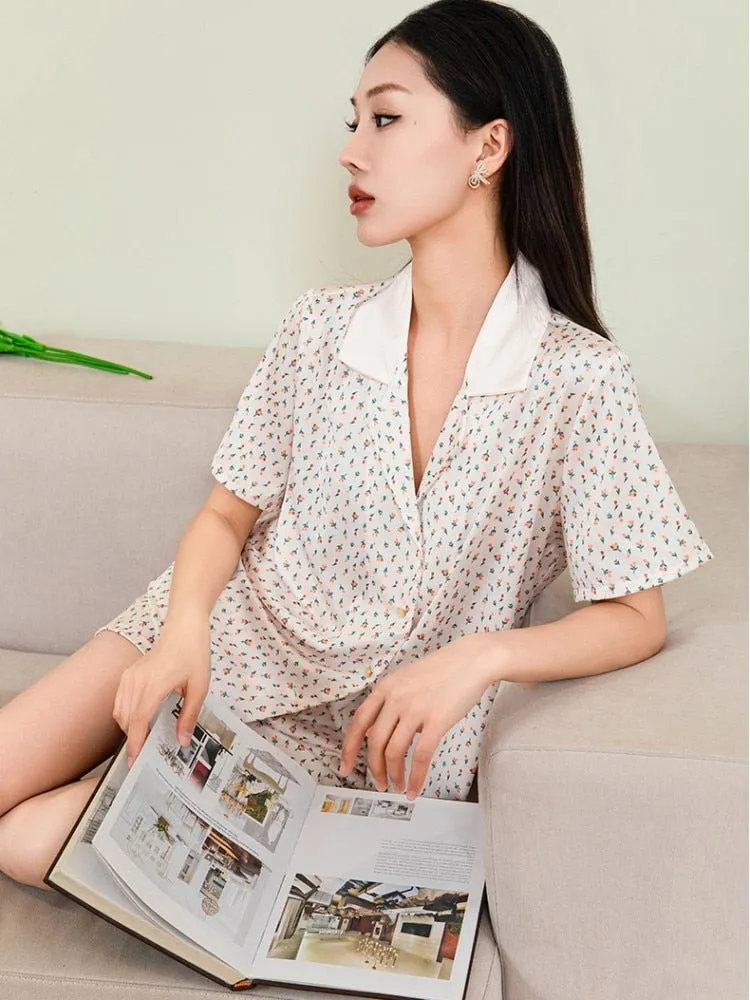 Women's Imitation Silk Sleepwear Small Fragmented Flower Pajamas Short Sleeve Cardigan Shorts Comfortable Home Clothing