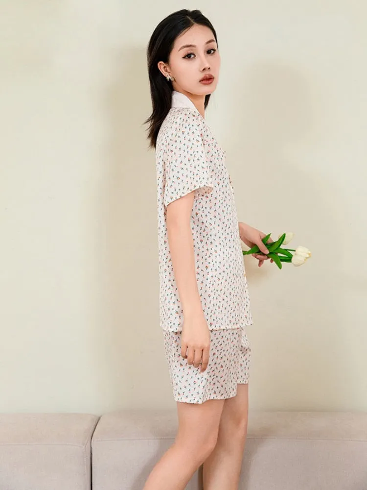 Women's Imitation Silk Sleepwear Small Fragmented Flower Pajamas Short Sleeve Cardigan Shorts Comfortable Home Clothing