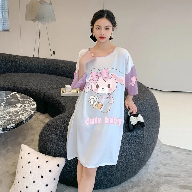 Women's Pajama Skirt Summer Thin Short Sleeve Medium Length Silk Like Nightwear Cartoon Nightdress Loose Home Clothing