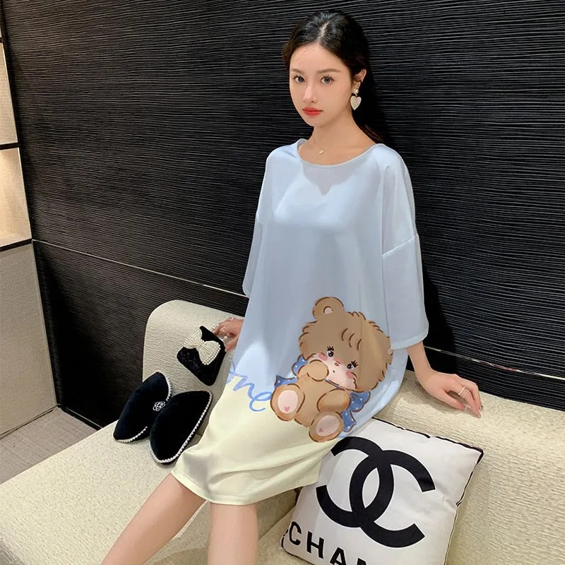 Women's Pajama Skirt Summer Thin Short Sleeve Medium Length Silk Like Nightwear Cartoon Nightdress Loose Home Clothing