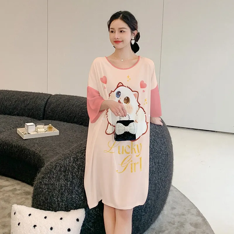 Women's Pajama Skirt Summer Thin Short Sleeve Medium Length Silk Like Nightwear Cartoon Nightdress Loose Home Clothing