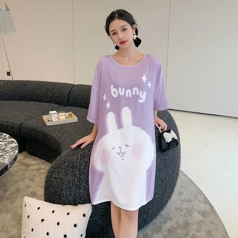 Women's Pajama Skirt Summer Thin Short Sleeve Medium Length Silk Like Nightwear Cartoon Nightdress Loose Home Clothing