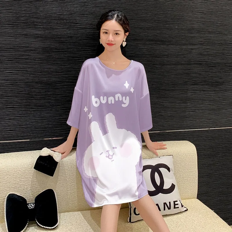 Women's Pajama Skirt Summer Thin Short Sleeve Medium Length Silk Like Nightwear Cartoon Nightdress Loose Home Clothing