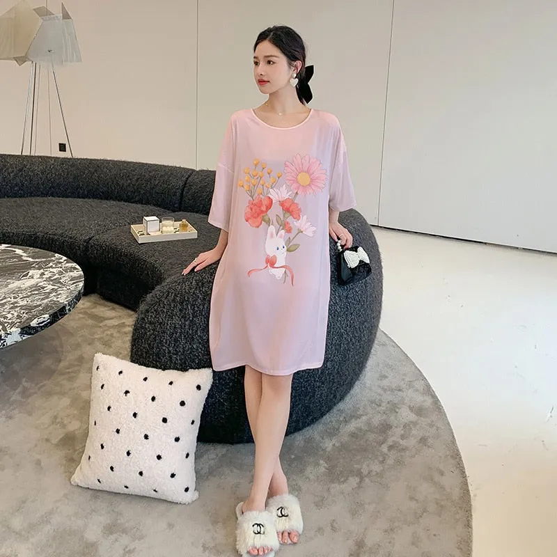 Women's Pajama Skirt Summer Thin Short Sleeve Medium Length Silk Like Nightwear Cartoon Nightdress Loose Home Clothing