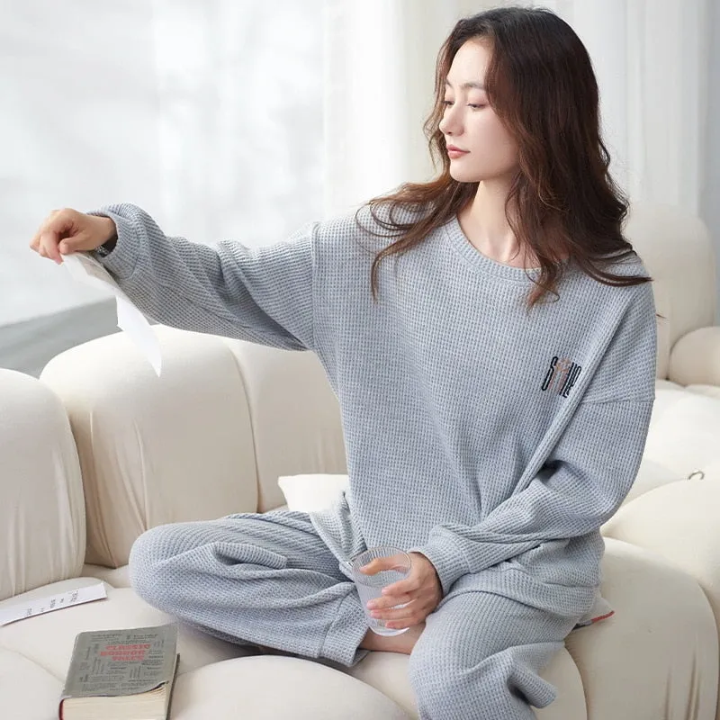 Women's Pajamas Set Cozy Waffle Knitted Leisure Sleepwear Cotton Blended Round Collar Casual Homewear Nightwear Femme