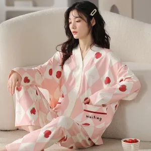 Women's Pajamas Set Cute Fruit Print Leisure V Neck Sleepwear Cotton Blended Long Casual Homewear Nightwear Femme 3XL