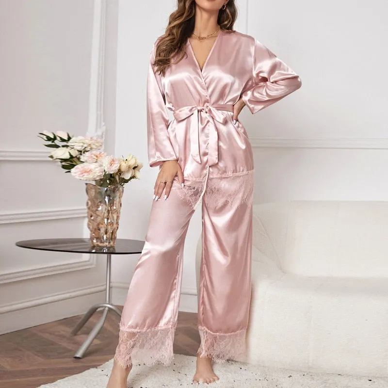 Women's Pajamas Set Pink Lace Sleepwear with Belt Silk Like Casual Homewear Deep V Sexy Nightwear Femme for Summer