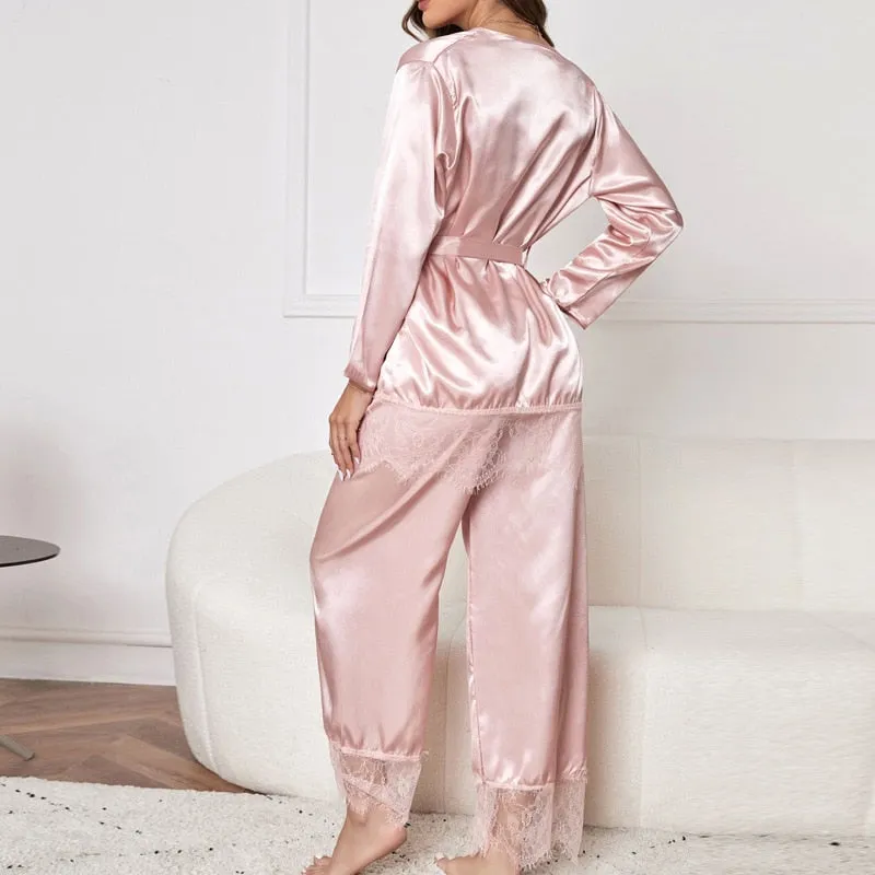 Women's Pajamas Set Pink Lace Sleepwear with Belt Silk Like Casual Homewear Deep V Sexy Nightwear Femme for Summer