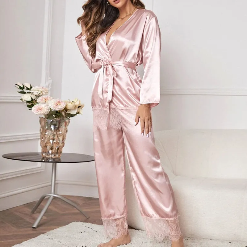 Women's Pajamas Set Pink Lace Sleepwear with Belt Silk Like Casual Homewear Deep V Sexy Nightwear Femme for Summer