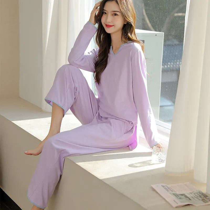 Women's Pajamas Set Simple Solid Color Pure Cotton Sleepwear V Neck Nightwear Casual 2pcs Homewear Nightie Femme