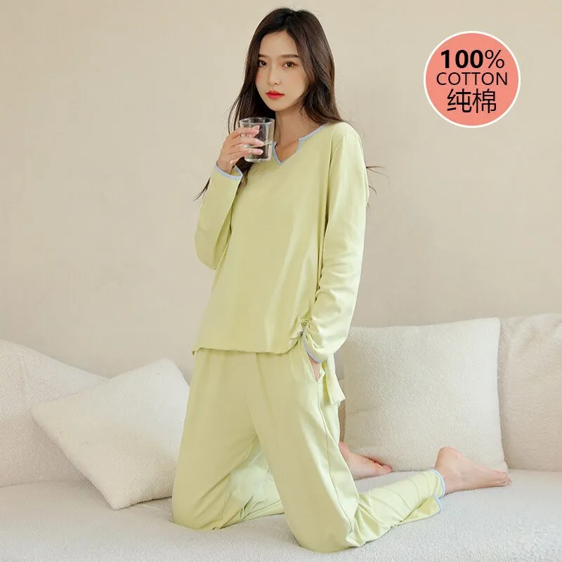 Women's Pajamas Set Simple Solid Color Pure Cotton Sleepwear V Neck Nightwear Casual 2pcs Homewear Nightie Femme