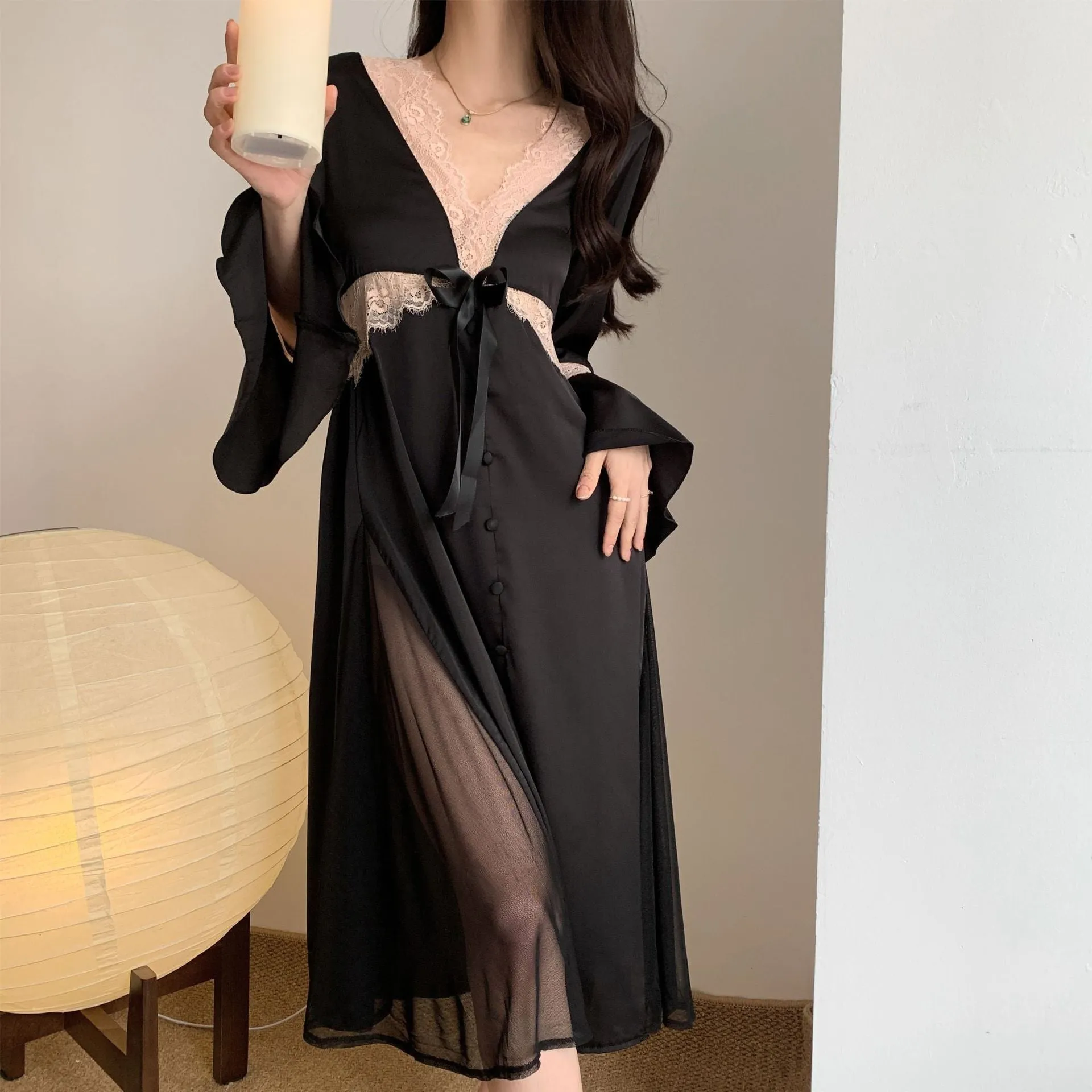 Women's Pajamas Sexy Long Dress Bell Sleeve Silk Like Homewear Deep V Skirt Sexy Lace Dress Sleepdress Nightgown Femme