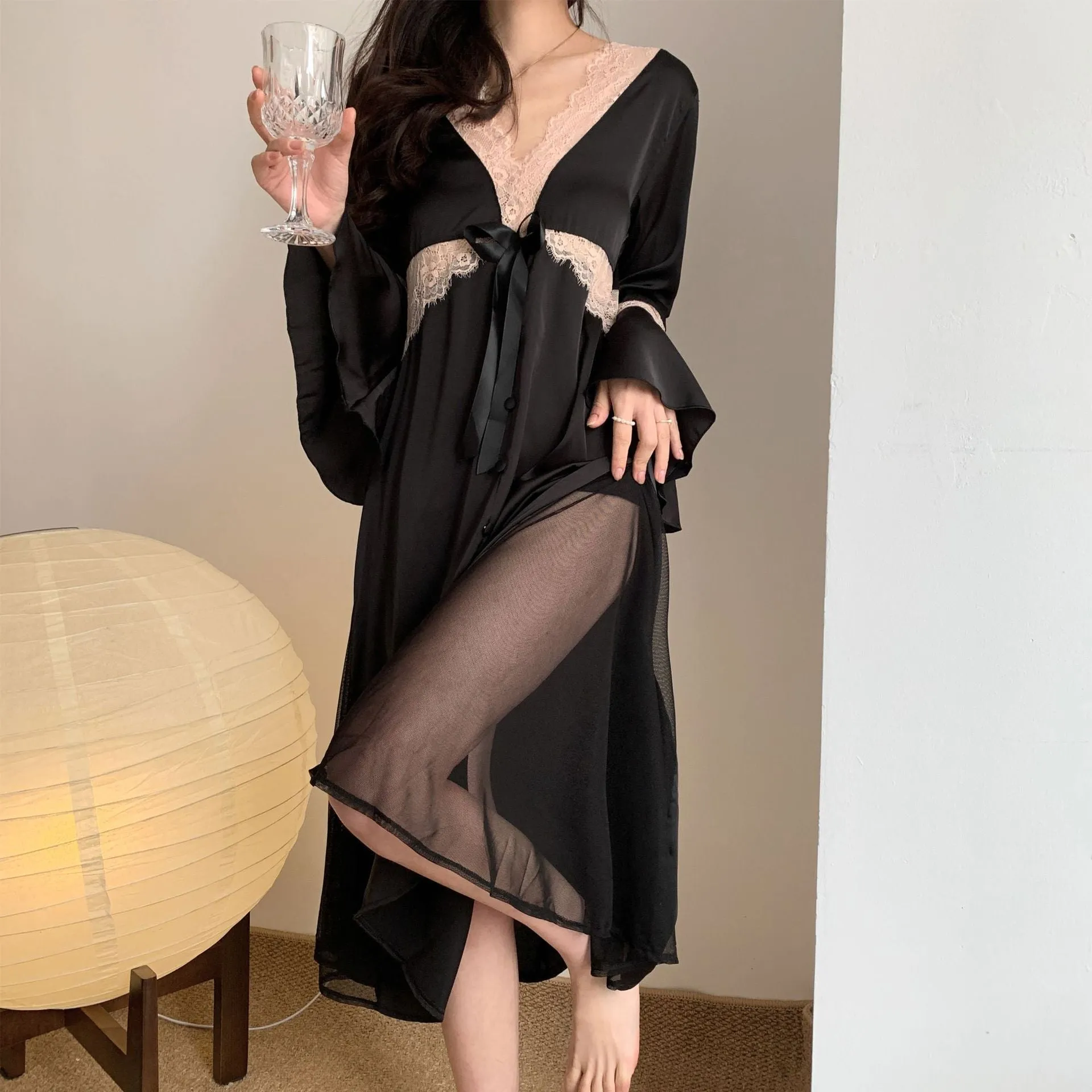 Women's Pajamas Sexy Long Dress Bell Sleeve Silk Like Homewear Deep V Skirt Sexy Lace Dress Sleepdress Nightgown Femme