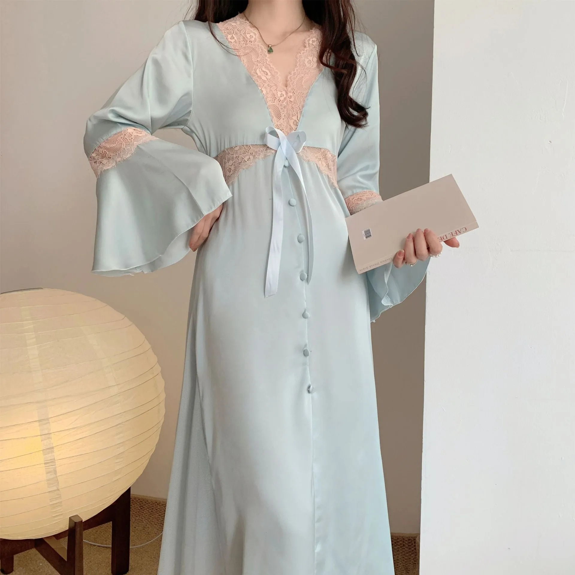 Women's Pajamas Sexy Long Dress Bell Sleeve Silk Like Homewear Deep V Skirt Sexy Lace Dress Sleepdress Nightgown Femme