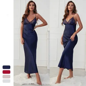 Women's Pajamas Sling Dress Sexy Nightgown Silk Like Homewear Long Skirt Bandage Sleepdress Femme