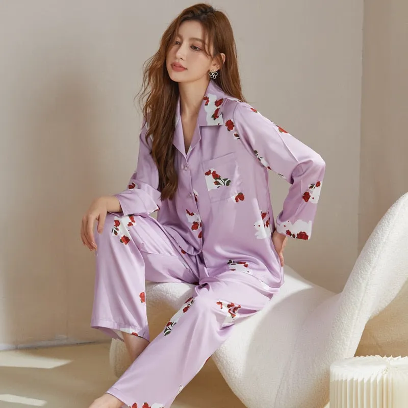 Women's Pajamas Spring Summer Ice Silk Long-sleeved Pants Two Piece Home Clothes V-neck Printing Cartoon Casual Suit