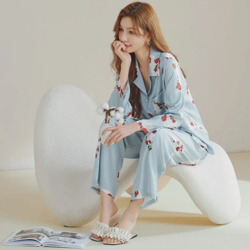 Women's Pajamas Spring Summer Ice Silk Long-sleeved Pants Two Piece Home Clothes V-neck Printing Cartoon Casual Suit