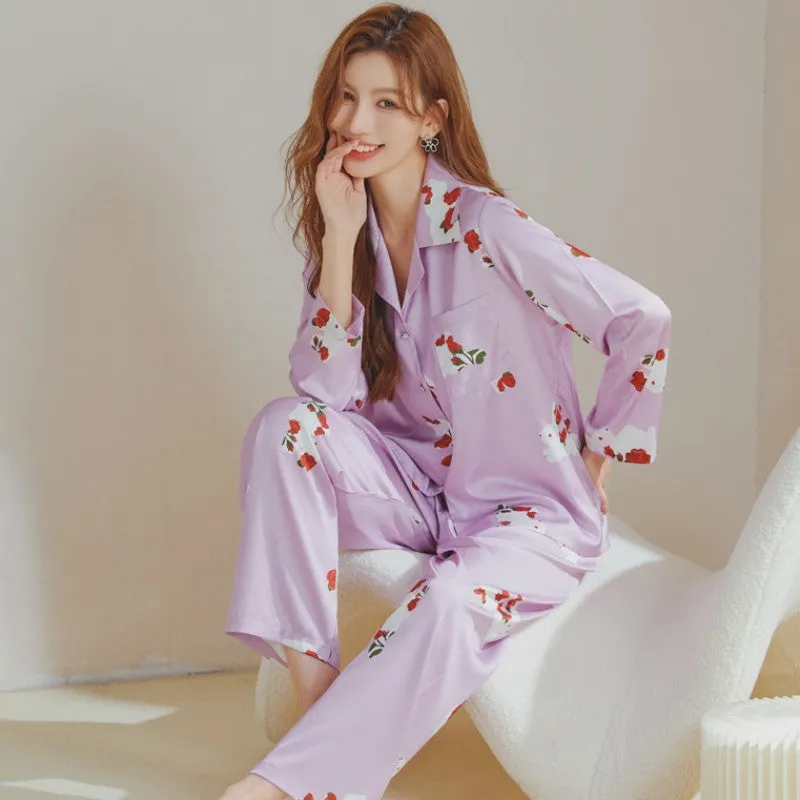 Women's Pajamas Spring Summer Ice Silk Long-sleeved Pants Two Piece Home Clothes V-neck Printing Cartoon Casual Suit