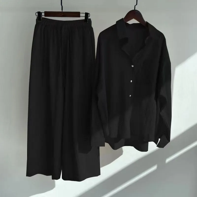 Women's Spring Summer Shirt High Waist Loose Pants 2-piece Set Female Casual Solid Plus Size Cotton Linen Button Shirt