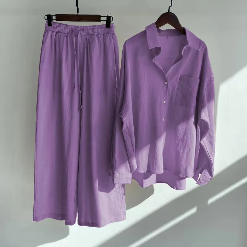 Women's Spring Summer Shirt High Waist Loose Pants 2-piece Set Female Casual Solid Plus Size Cotton Linen Button Shirt