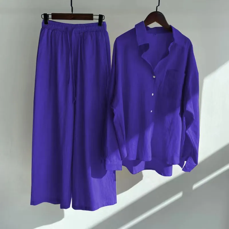 Women's Spring Summer Shirt High Waist Loose Pants 2-piece Set Female Casual Solid Plus Size Cotton Linen Button Shirt