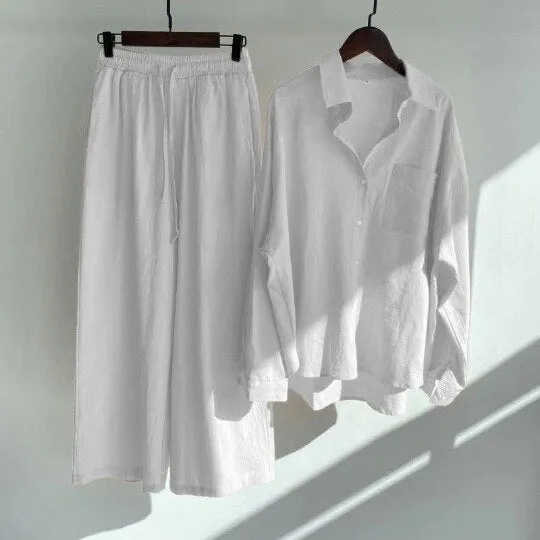 Women's Spring Summer Shirt High Waist Loose Pants 2-piece Set Female Casual Solid Plus Size Cotton Linen Button Shirt