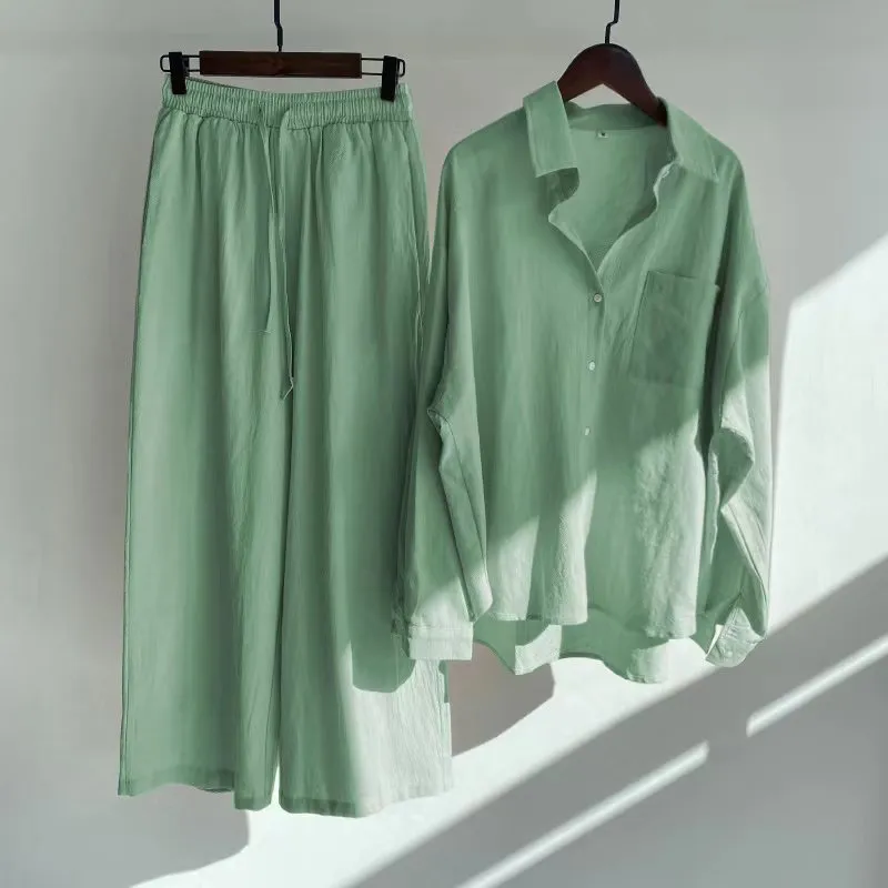 Women's Spring Summer Shirt High Waist Loose Pants 2-piece Set Female Casual Solid Plus Size Cotton Linen Button Shirt