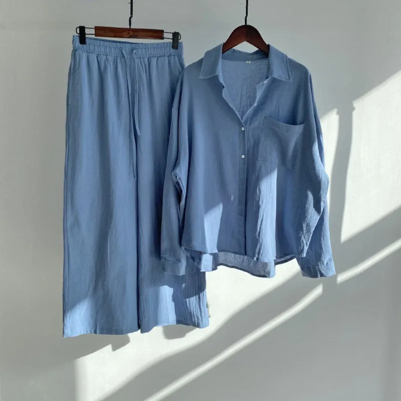 Women's Spring Summer Shirt High Waist Loose Pants 2-piece Set Female Casual Solid Plus Size Cotton Linen Button Shirt