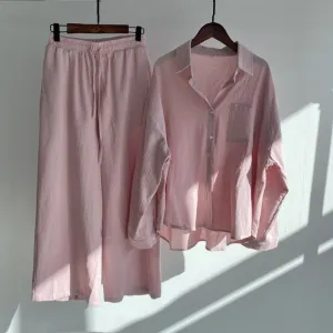 Women's Spring Summer Shirt High Waist Loose Pants 2-piece Set Female Casual Solid Plus Size Cotton Linen Button Shirt