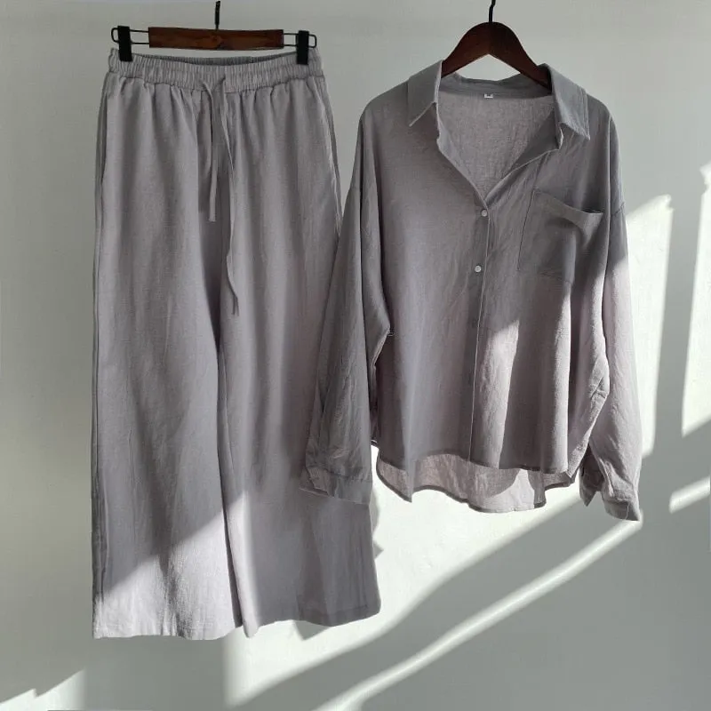 Women's Spring Summer Shirt High Waist Loose Pants 2-piece Set Female Casual Solid Plus Size Cotton Linen Button Shirt