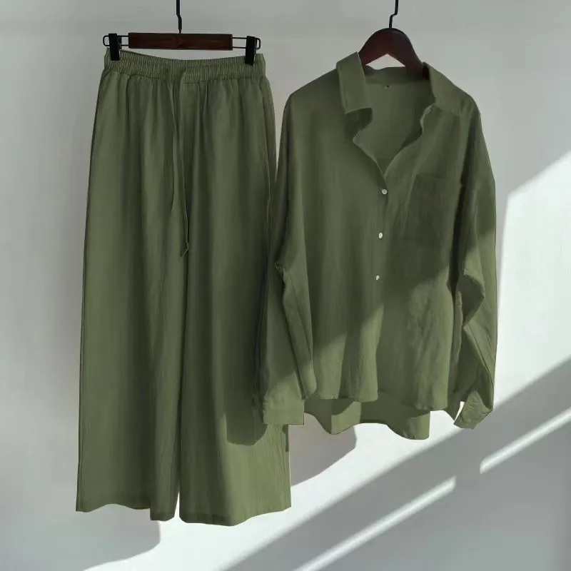 Women's Spring Summer Shirt High Waist Loose Pants 2-piece Set Female Casual Solid Plus Size Cotton Linen Button Shirt