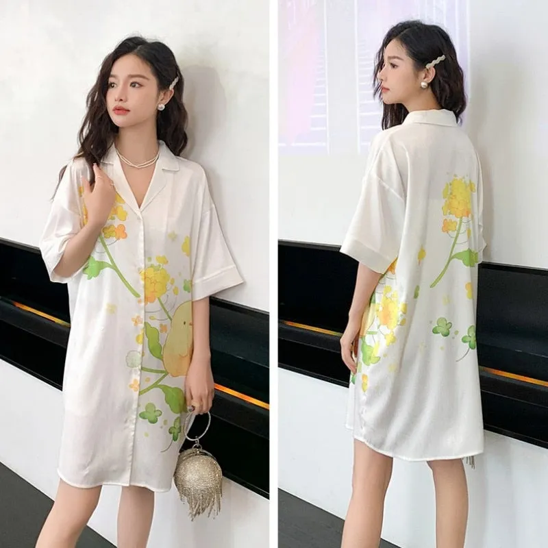 Women's Summer Lapel Leisure Pajamas Large Size Medium Long Skirt Nightgown Sweet Girls Cartoon Cardigan Home Clothes