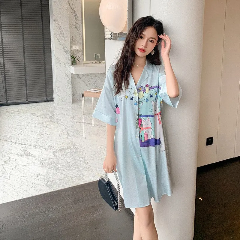 Women's Summer Lapel Leisure Pajamas Large Size Medium Long Skirt Nightgown Sweet Girls Cartoon Cardigan Home Clothes