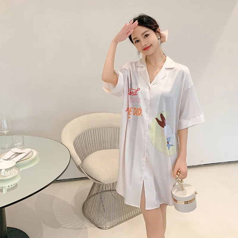 Women's Summer Lapel Leisure Pajamas Large Size Medium Long Skirt Nightgown Sweet Girls Cartoon Cardigan Home Clothes