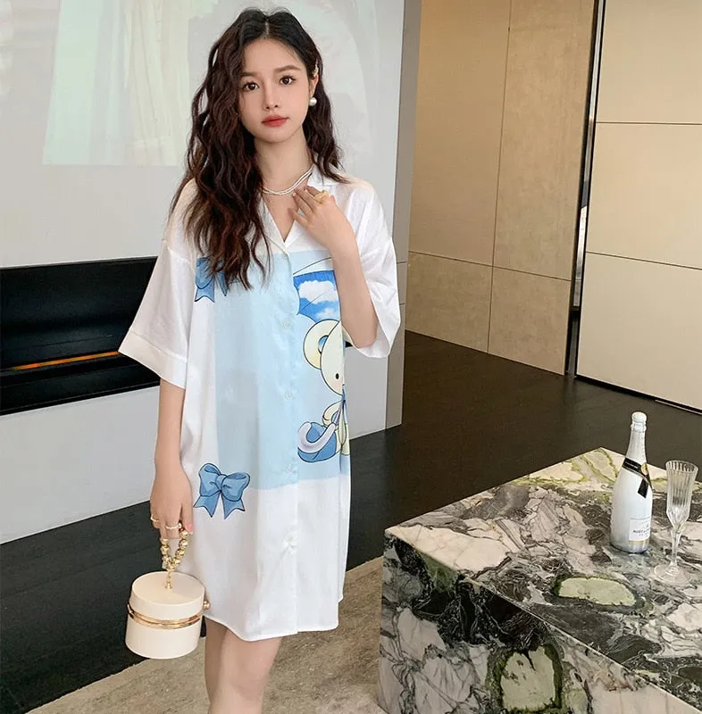 Women's Summer Lapel Leisure Pajamas Large Size Medium Long Skirt Nightgown Sweet Girls Cartoon Cardigan Home Clothes