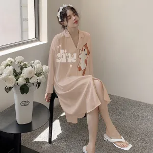 Women's Summer Pajamas Medium Length Skirt Nightwear Sweet Girl Cartoon Cardigan Homewear Lapel Loose Cool Sleepwear