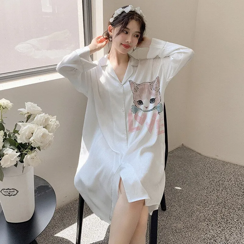 Women's Summer Pajamas Medium Length Skirt Nightwear Sweet Girl Cartoon Cardigan Homewear Lapel Loose Cool Sleepwear