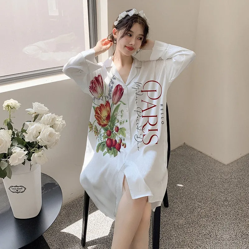 Women's Summer Pajamas Medium Length Skirt Nightwear Sweet Girl Cartoon Cardigan Homewear Lapel Loose Cool Sleepwear