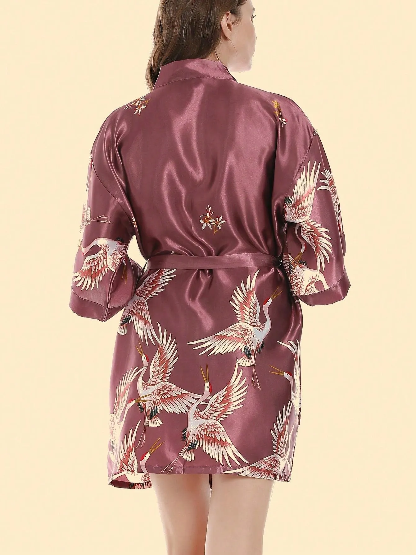 Women's Summer Short-Sleeved Imitation Silk Crane Print Sleepwear Nightgown (Bride Robe)