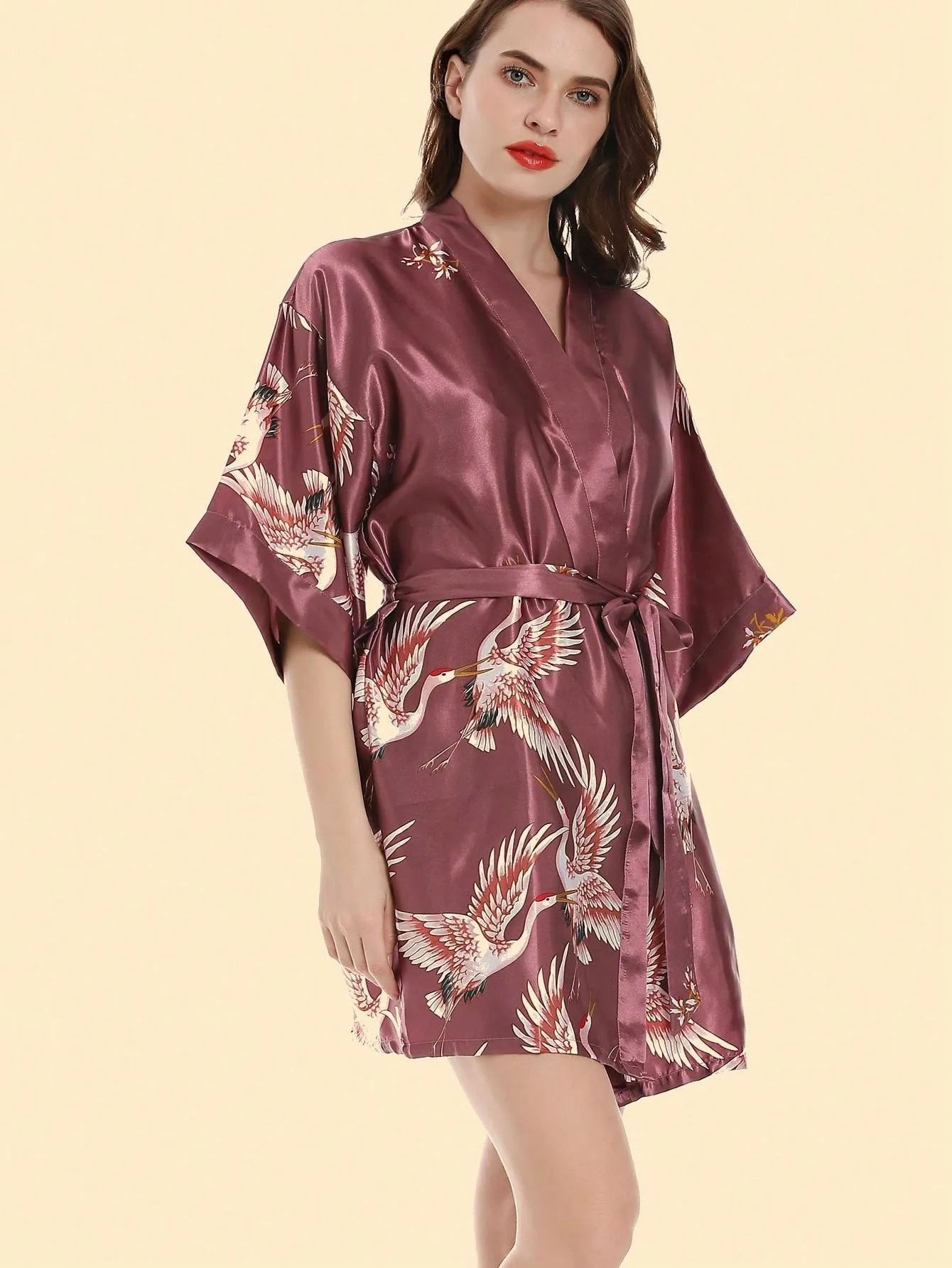 Women's Summer Short-Sleeved Imitation Silk Crane Print Sleepwear Nightgown (Bride Robe)