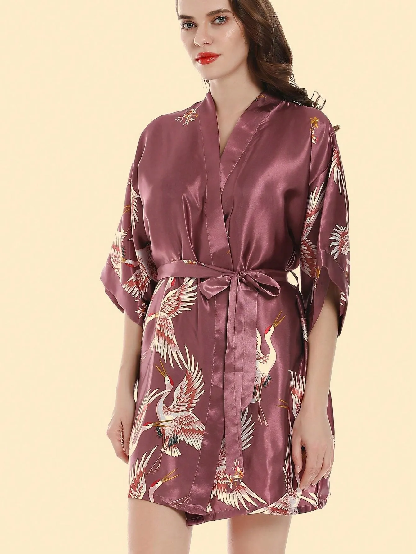 Women's Summer Short-Sleeved Imitation Silk Crane Print Sleepwear Nightgown (Bride Robe)