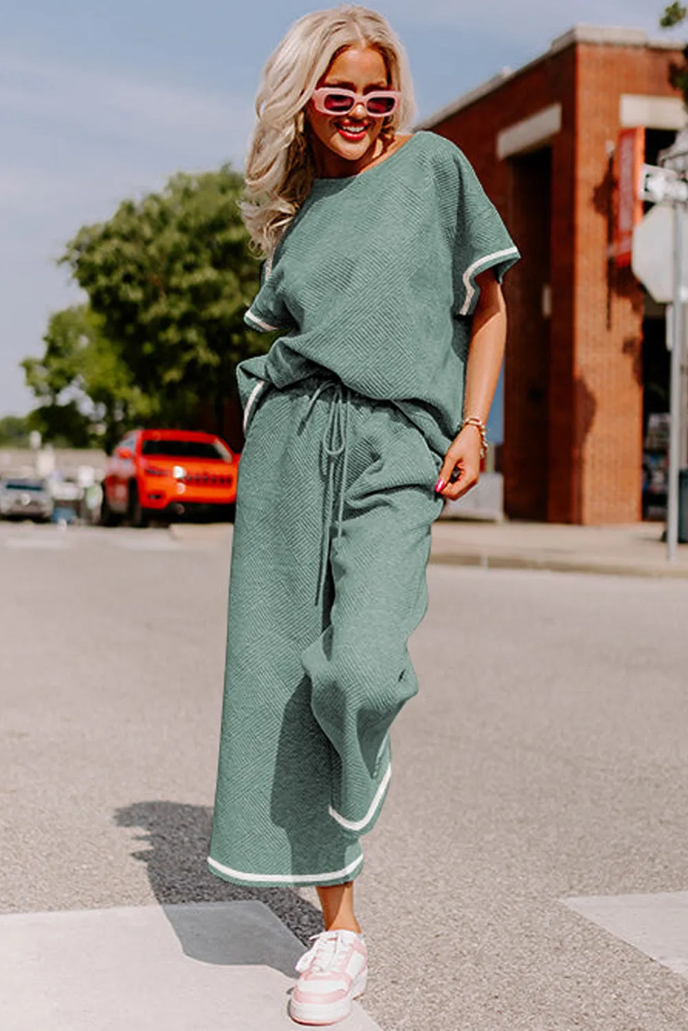 Women's Textured Loose Fit T Shirt and Drawstring Pants Set