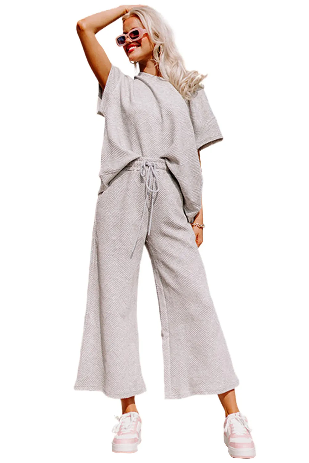 Women's Textured Loose Fit T Shirt and Drawstring Pants Set