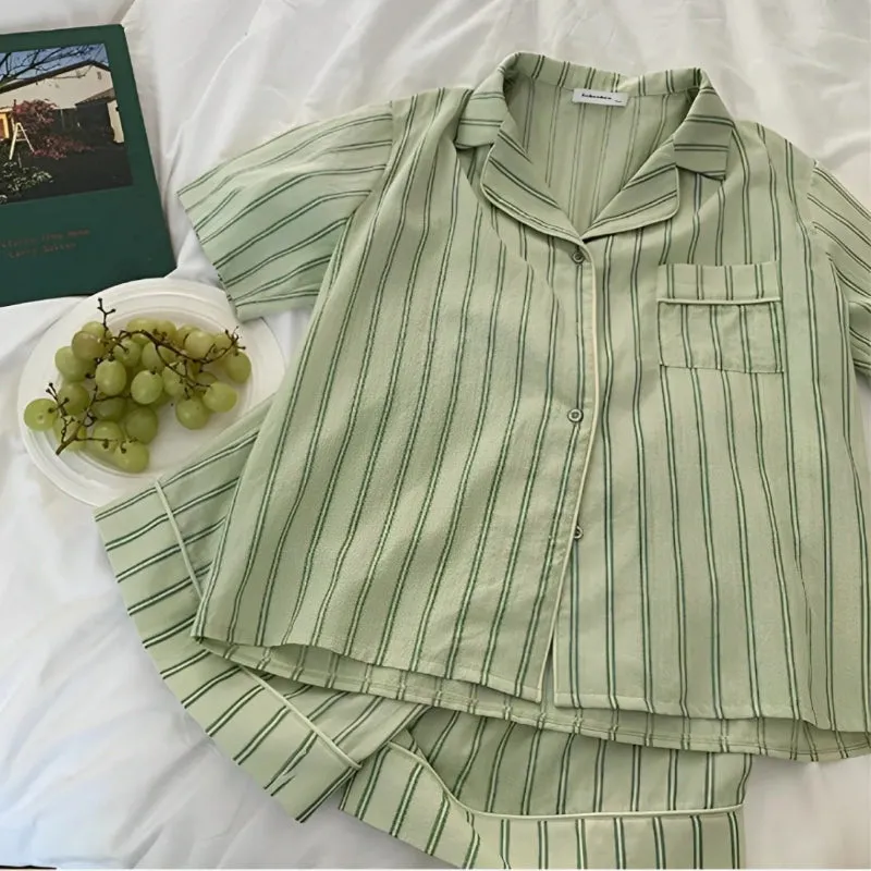 Women's Two-Piece Striped Pattern Short Sleeves Pajama Set